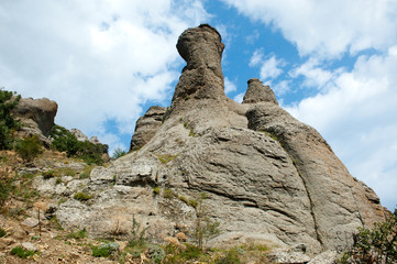 Rocky columns in Crimea mountains.Wild rock landscape. Ukraine.