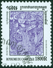 stamp printed in Cambodia shows statue of the Buddha