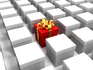 red gift box with golden ribbon in white boxes
