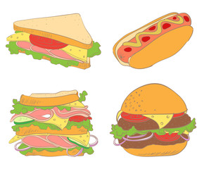 set of hamburger, hot dogs and two sandwiches