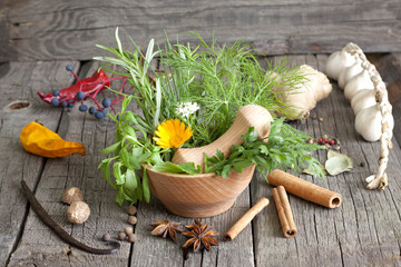 Herbs and spices in mortar on wooden boards