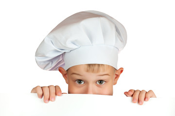 Chef boy is hiding behind a white sheet