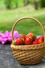 Fototapeta na wymiar strawberries in basket on wooden table