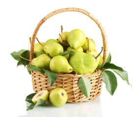 Juicy flavorful pears in basket isolated on white