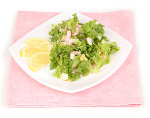 Delicious marinated shrimp in plate isolated on white