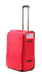red suitcase with sticker with flag of USA isolated on white