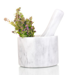 Thyme herb and mortar isolated on white