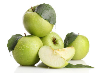Ripe green apples with leaf and slice, isolated on white