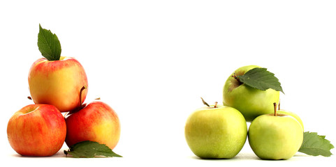 sweet apples with leaves, isolated on white