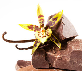 Chocolate pieces with vanilla flower