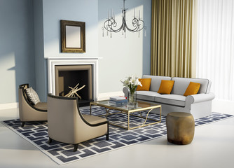 Blue interior fireplace modern atmospheric lounge living room