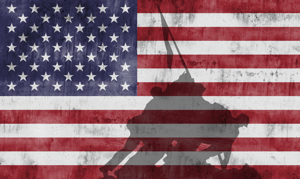 Bandera americana con la sombra del monumento memorial
