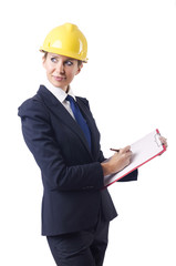 Businesswoman with helmet on white