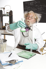 Amazed senior scientist reacts to  chemistry experiment