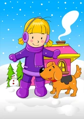 Photo sur Aluminium Chiens Illustration de dessin animé d& 39 une fille avec son chien pendant l& 39 hiver