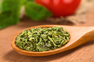 Dried oregano leaves on wooden spoon