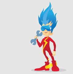 young superhero carrying wrenches