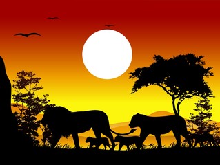 Obraz premium beauty lion family trip silhouettes with landscape background