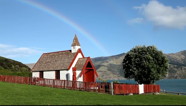 Maori church under the rainbow in Akaroa, New Zealand
