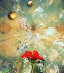 Foto auf Acrylglas Phantasie Ibiskus am Grunge-Himmel