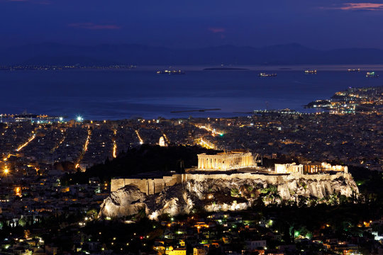 Athens Greece twilight cityscape with acropolis