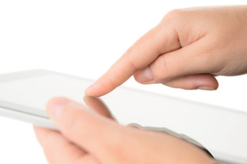 Modern digital tablet pc with blank screen and hands