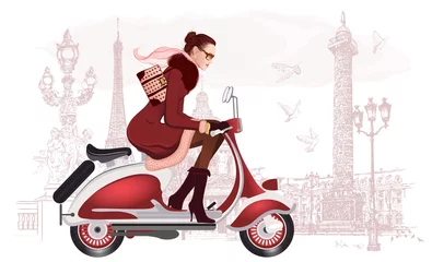 Wall murals Illustration Paris woman riding a scooter