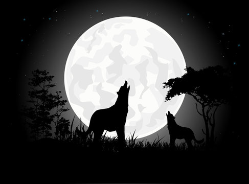 beauty Wolf scream silhouettes with Giant Moon background