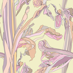 seamless vector background. gentle outline flowers iris on beige