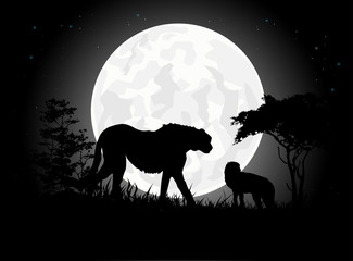 Beautiful Cheetah silhouettes with giant moon background