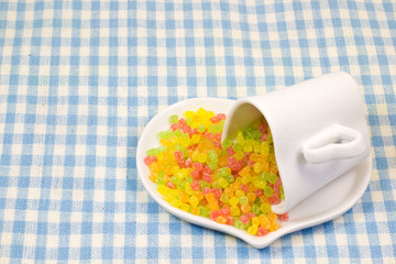 colorful dried fruits and coffee cup