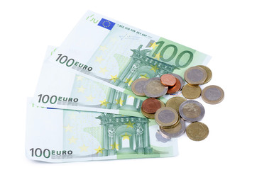 Various Euro currency bills and coins