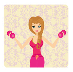 fit woman exercising with two dumbbell weights on her hands