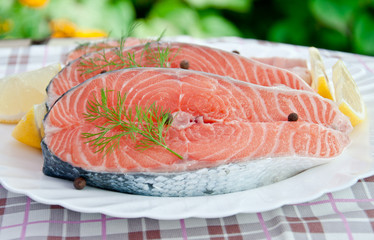 fresh salmon fillet and lemon slices 