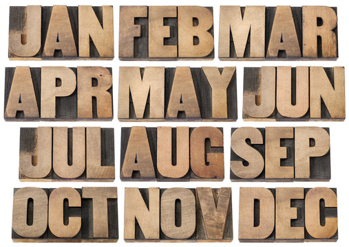 calendar concept - months in wood type