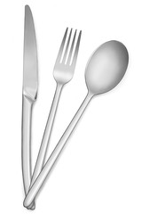fork spoon and knife crossed on white background