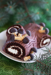 Traditional Christmas Yule Log cake, selective focus