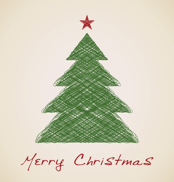 Christmas sketch fir tree, retro design
