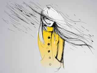 Deszczowy dzień / Młoda kobieta w żółtym płaszczu - 45182312