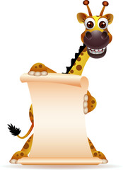 Obraz premium funny giraffe cartoon with blank sign