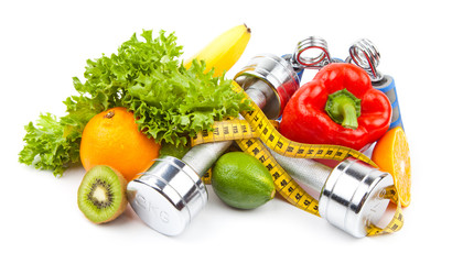 fitness dumbbells, fruits and measure tape