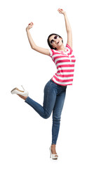 Happy dancing teenager with arms up, isolated on a white