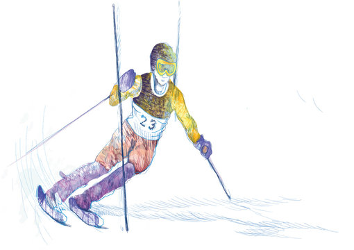 slalom - down hill skier - hand drawing