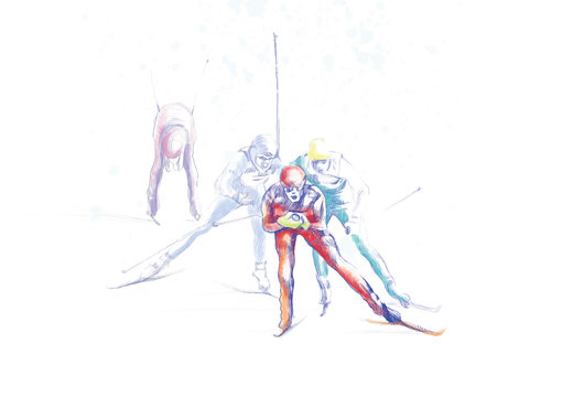 cross country skiing - hand drawing