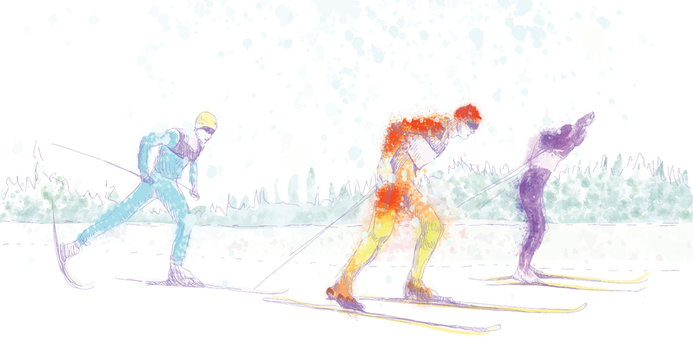 cross country skiing - hand drawing