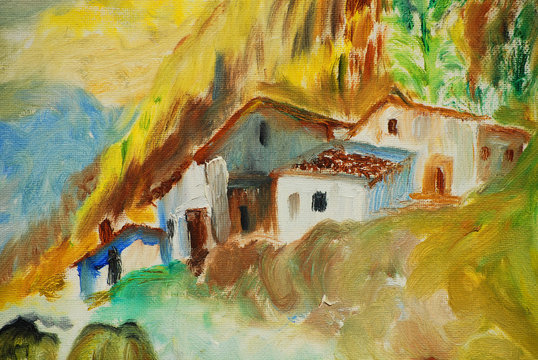 old houses in spanish village, illustration, painting