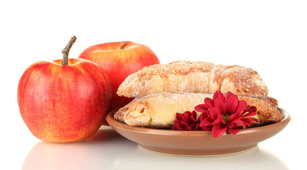 Fresh bagels with apples isolated on white
