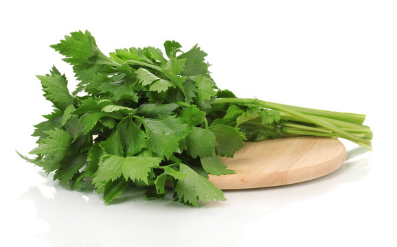 Fresh celery on board isolated on white
