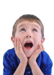 Happy Boy Looking Up on White