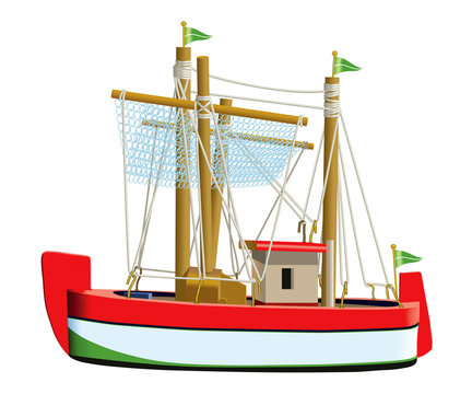 Little fishing ship model isolated on a white background
